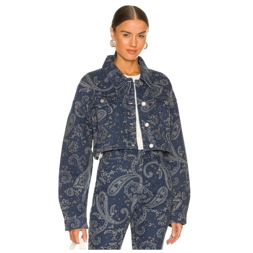 NWOT‎ WeWoreWhat Paisley Print Denim Cropped Jacket Oversized Blue Women M/L